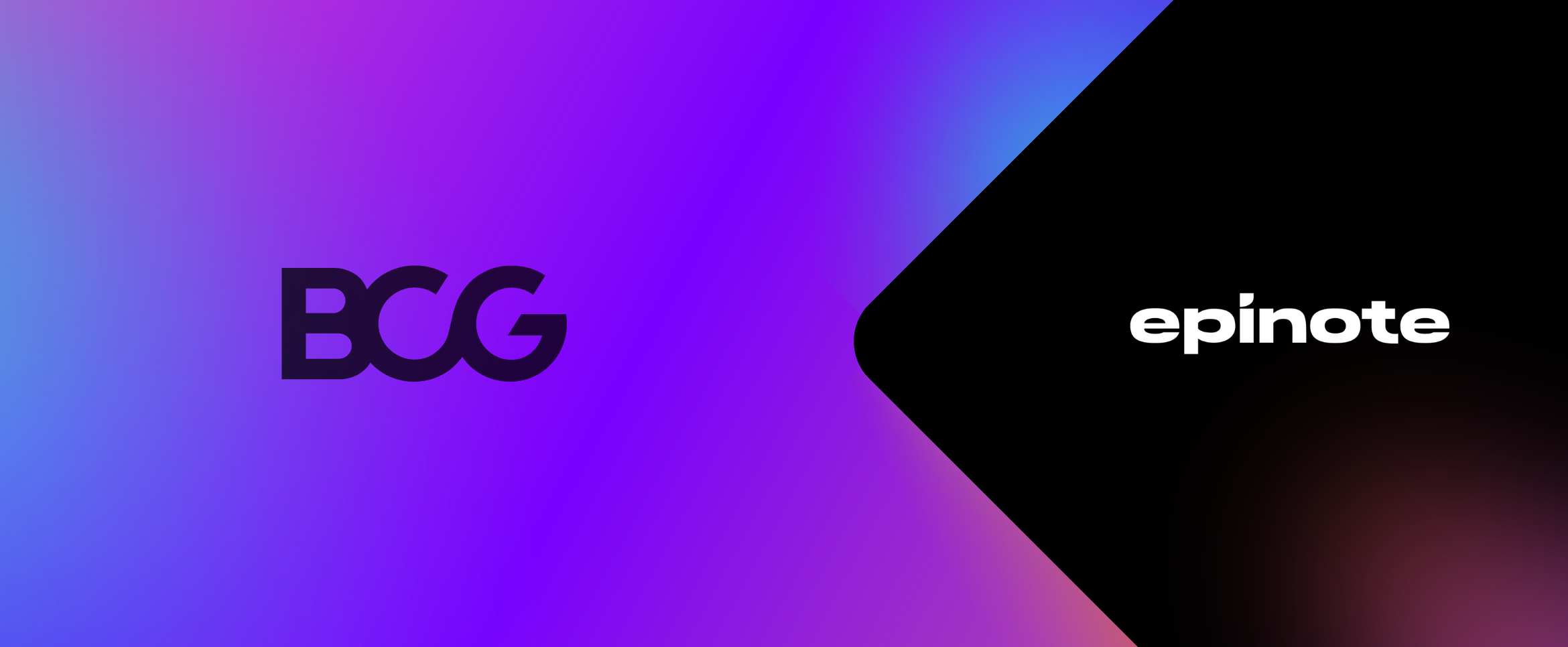 A banner showcasing two logotypes - BCG and epinote. The BCG logotype is located on the left, it's black and put on a gradient background with pink, purple and blue colours. The epinote logotype is white and put on a black background on the right. The two parts of the banner are connected with a triangular shape.