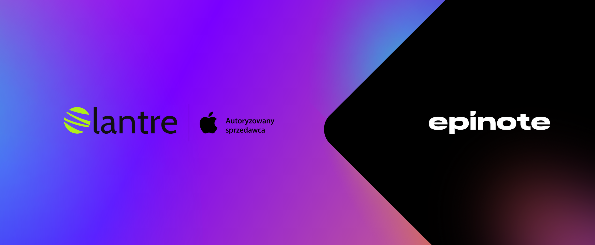A banner showcasing two logotypes - Lantre and epinote. The latre logotype is located on the left, it's black and put on a gradient background with pink, purple and blue colours. The epinote logotype is white and put on a black background on the right. The two parts of the banner are connected with a triangular shape.